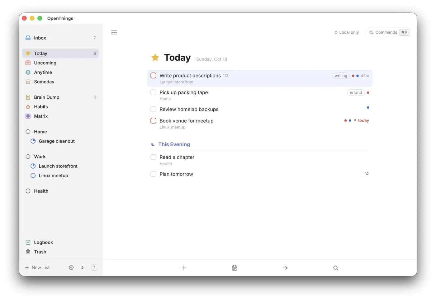 The OpenThings desktop app on macOS showing Today