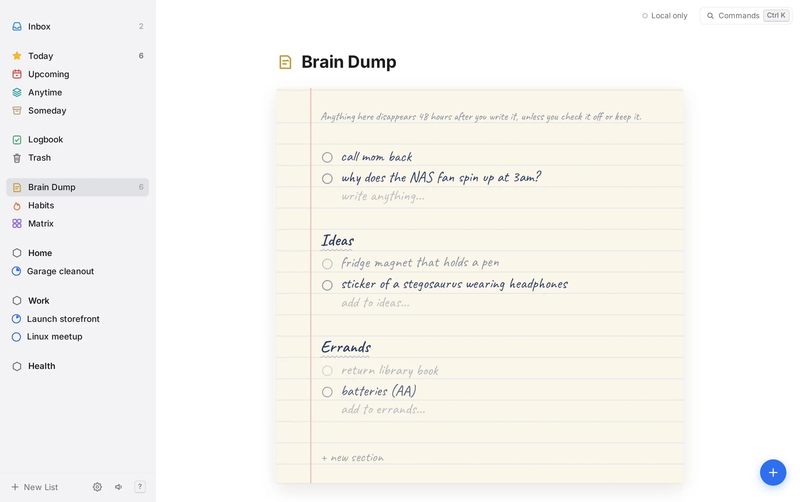 The brain dump styled as lined paper with handwriting