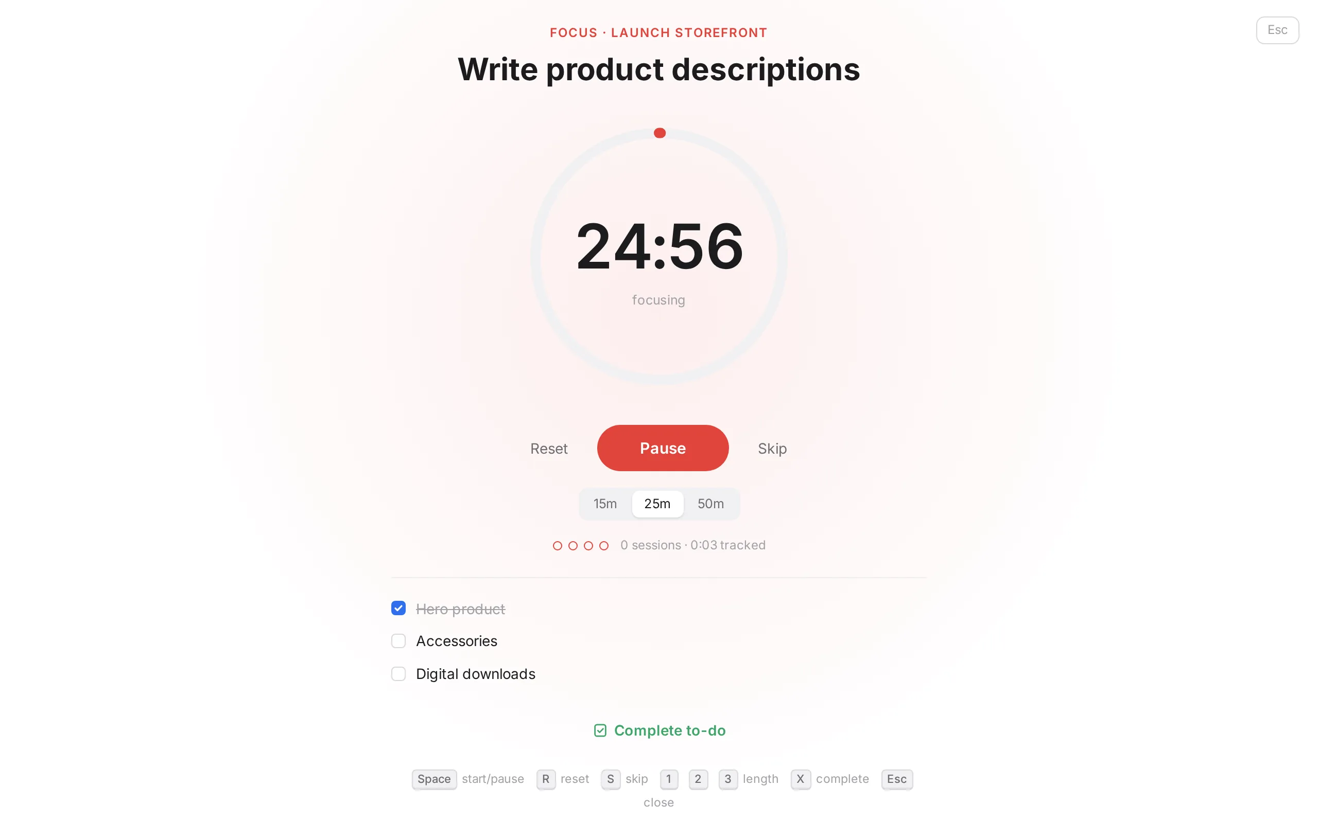 Focus mode with a Pomodoro countdown ring
