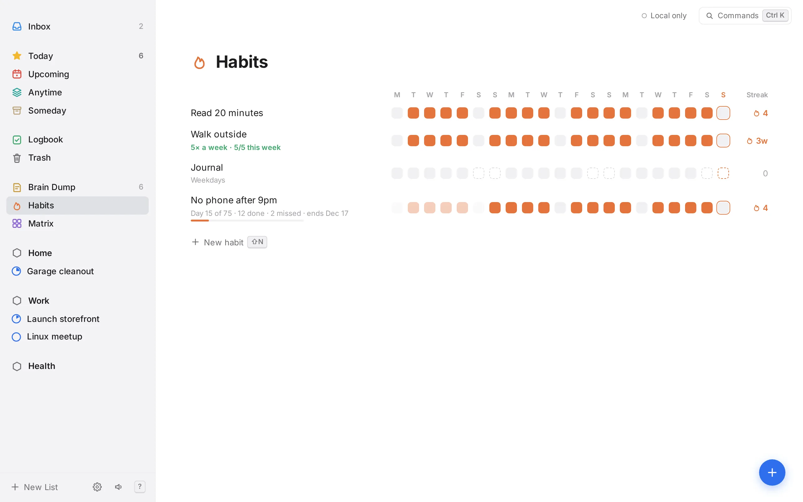 Habit grid with schedules, streaks and a 75-day challenge