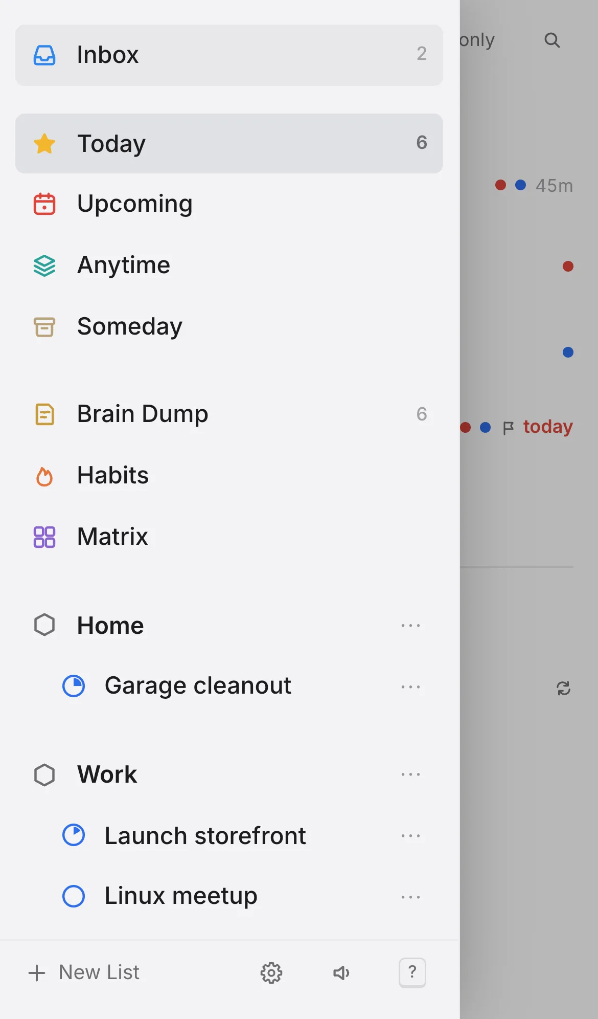 The list drawer with areas and projects