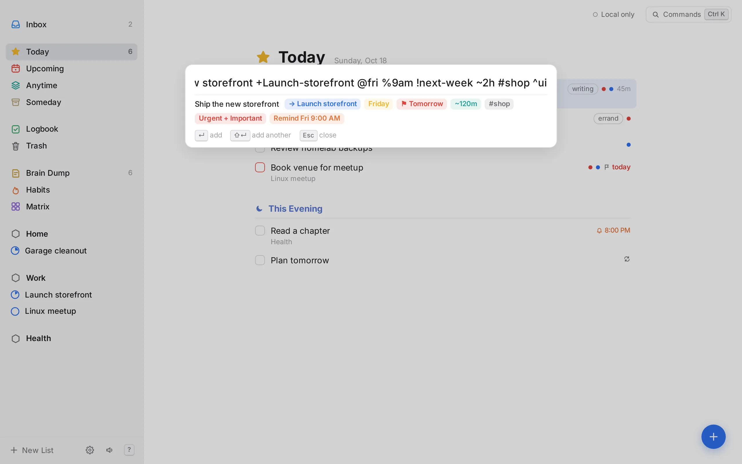 Quick add showing parsed project, date, reminder and tags