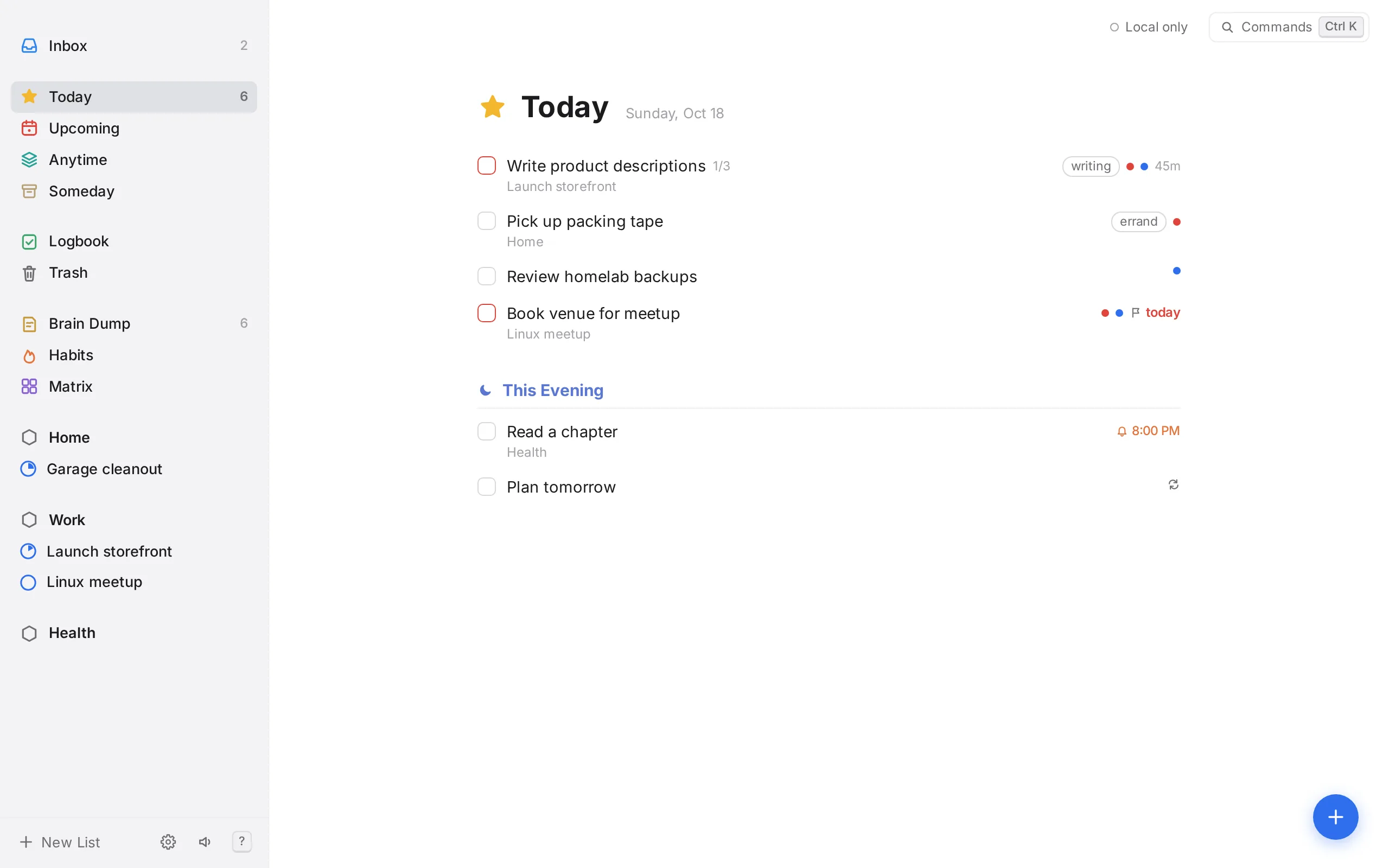 The Today list in OpenThings, with This Evening below