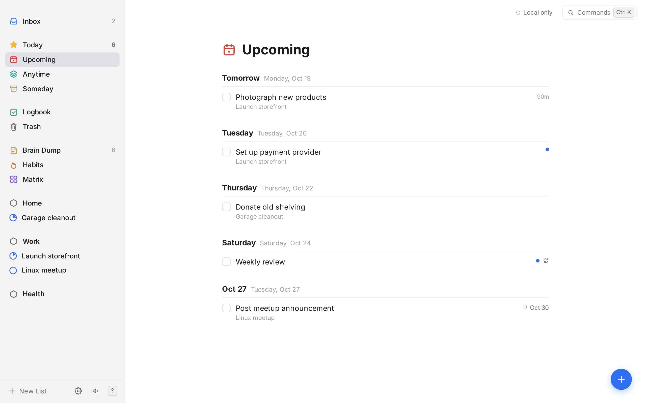 The Upcoming list grouped by day
