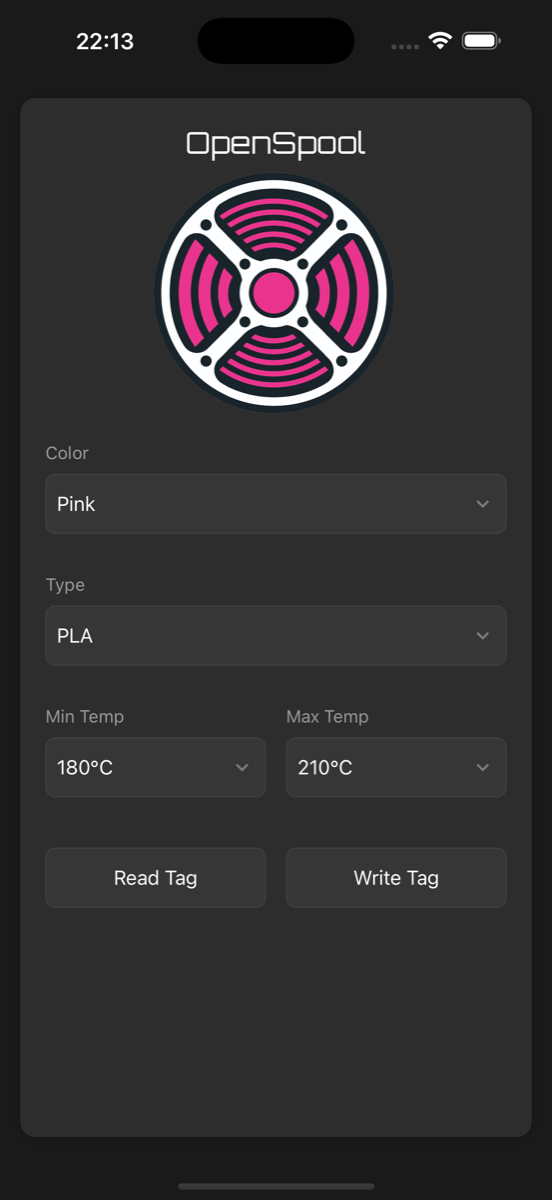 Screenshot of the OpenSpool app on an iPhone showing filament tag details.